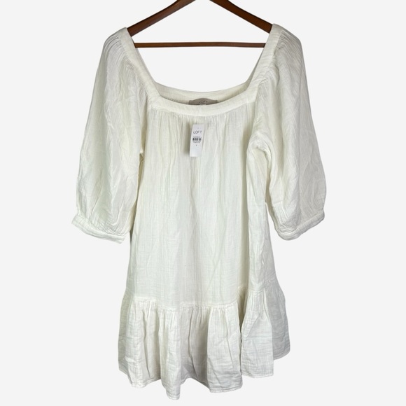 LOFT Square Neck Flounce Swing Dress Size S Cotton Muslin Mini White NEW - Picture 4 of 12